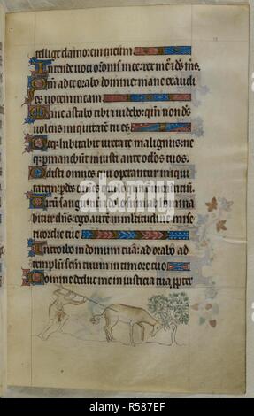 Bas-de-page lieux d'un Hunter spearing une antilope, qui est si rapide qu'il ne peut être pris, à moins que ses cornes sont liés dans les branches d'un arbre. Psautier ('Le psautier de la Reine Mary"). Angleterre (Londres/Westminster ou East Anglia ?) ; entre 1310 et 1320. Source : Royal 2 B. VII, f.88. Langue : Français de l'Amérique latine, avec les légendes des images. Banque D'Images