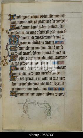 Bas-de-page scène de deux hommes se battant avec des épées et des boucliers. Psautier ('Le psautier de la Reine Mary"). Angleterre (Londres/Westminster ou East Anglia ?) ; entre 1310 et 1320. Source : Royal 2 B. VII, f.147. Langue : Français de l'Amérique latine, avec les légendes des images. Banque D'Images