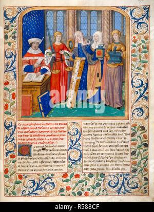 L'auteur avec les Vertus. La fleur des histoires. France ; vers 1467. Ensemble (folio) page d'ouverture d'un traité sur les vertus. L'auteur assis à table avec un livre ouvert, avec les quatre vertus cardinales, dans la forme féminine, debout à côté de lui : La Justice tenant une épée et une balance, Courage tenant un miroir, avec la prudence et la tempérance. Texte ; frontières avec décoration foliée Image réalisée à partir la Fleur des histoires. Publié à l'origine/produit en France ; vers 1467. . Source : ajouter. 6797, f.276. Langue : Français. Banque D'Images