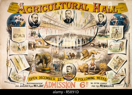 La Foire Mondiale de c. 1890. Événements nationaux et internationaux. Royal Agricultural Hall, Islington. Vue générale. Circus. Spectacle de variétés. Les œuvres d'art exposition. L'exécution de l'assistant et de poney. Richard Fils's show. L'impalement. Marionnettes. Les chiens et les singes. Illustrations : portraits de H. Lu, F. Bailey, T. lire et le capitaine Dudley Vane, le dompteur. Une collection de brochures, prospectus et autres imprimés relatifs aux infirmières de l'entertainment et de la vie quotidienne. Publié à l'origine/produit à Londres, 1800 - 1895. Source : Evan.402. Langue : Anglais. Auteur : Evanion, Henry. Banque D'Images