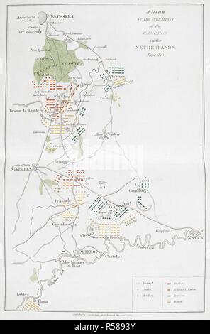 Un croquis de l'exploitation de la campagne dans les Pays-Bas. Juin 1815. (La campagne de Waterloo). La bataille de Waterloo, également de Ligny et Quatre-Bras décrite par ... un observateur proche ... [Un récit par C. A. Eaton, avec un croquis de J. Waldie... à partir de croquis par le Capitaine G. Jones. 2 vol. John Booth, T. Egerton : Londres, 1817. Source : G.5651 partie 1 du plan après la page 178. Auteur : Eaton, Charlotte Anne. Banque D'Images