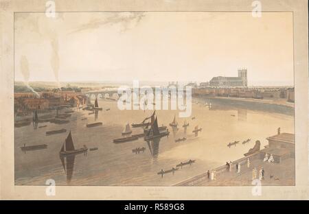 Vue vers l'ouest le long de la Tamise à Westminster Bridge avec la terrasse de Somerset House au premier plan, et l'abbaye de Westminster dans la distance. Londres / PLAQUE VI. [Paris] : n°9, rue Cleveland, Fitzroy Square, Londres, Jany 1 1805. Source : Maps K.Haut.21.57.2f PORT.11 TAB. Langue : Anglais. Auteur : DANIELL, WILLIAM. Banque D'Images