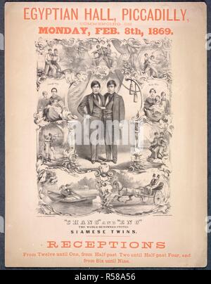 Chang et Eng. Une collection de brochures, tracts, et miscella. Londres, 1869. Chang et Eng la célèbre organisation des frères siamois. Une publicité pour une exposition au temple égyptien, Piccadilly, le Lundi, Février 8th, 1869. Image réalisée à partir d'une collection de brochures, prospectus et autres imprimés relatifs aux infirmières de l'entertainment et de la vie quotidienne. Publié à l'origine/produit à Londres, 1869. . Source : EVAN.482,. Langue : Anglais. Banque D'Images