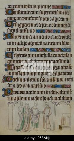 Bas-de-page scène montrant Gilbert Becket être marié par un évêque à l'emir sarrasine's daughter, qui devint par la suite la mère de Thomas Becket. Psautier de la reine Mary. Angleterre (Londres) ; années 1310-1320. Source : Royal 2 B. VII, f.289v. Langue : le latin. Banque D'Images