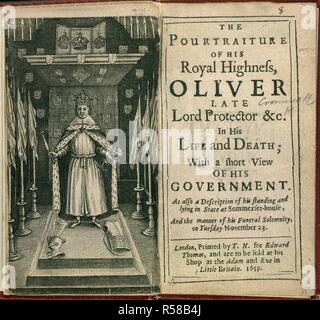 Oliver Cromwell. La Pourtraiture de Son Altesse Royale, Oliver lat. N. T. pour Edward Thomas : Londres, 1659. Oliver Cromwell (1599-1658). Portrait. Soldat et homme d'anglais. Présenté comme un roi portant une couronne et tenant un sceptre et un orb. Image tirée du Pourtraiture de Son Altesse Royale, Oliver feu Lord Protector &c. dans sa vie et de sa mort ; avec un court avis de son gouvernement. Aussi comme une description de son comité permanent et couché dans la région de Sommerset-House, et la façon dont les funérailles de solennité, le mardi 23 novembre. [Par Henry Dawbeny ?] publié à l'origine/produit dans N. T. Banque D'Images