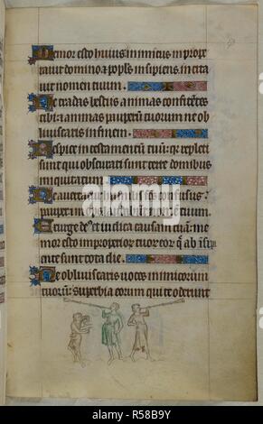 Bas-de-page scène de trois musiciens, avec deux trompettes, un troisième avec des cymbales. Psautier ('Le psautier de la Reine Mary"). Angleterre (Londres/Westminster ou East Anglia ?) ; entre 1310 et 1320. Source : Royal 2 B. VII, f.179. Langue : Français de l'Amérique latine, avec les légendes des images. Banque D'Images