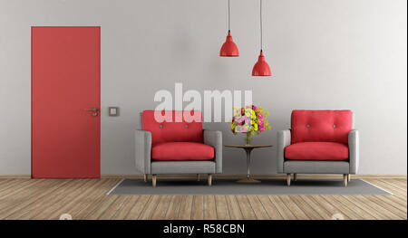 Gris et rouge modern living room Banque D'Images