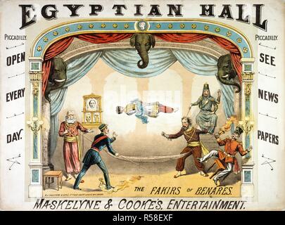 De Cooke et maskelynes 'Les Fakirs de Benares' à l'Egyptian Hall, 1884. Poster montre un acte de lévitation. . Une collection de brochures, prospectus et autres imprimés relatifs aux infirmières de l'entertainment et de la vie quotidienne. C. J. Culliford & Sons, 2un champ Court, Gray's Inn, Londres. 1884. Tours de magie, illusions d'optique ; magiciens ; la perception visuelle. Source : Evan.404. Langue : Anglais. Auteur : Evanion, Henry. Banque D'Images