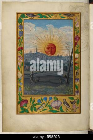 Illustration de la cinquième traité : le soleil à visage humain s'élève au-dessus de l'obscurité de la ville et pays paysage ; frontières décoré avec des oiseaux et fleurs. Splendor Solis. Allemagne, 1582. Ensemble (folio) Illustration de la cinquième traité : le soleil à visage humain s'élève au-dessus de l'obscurité de la ville et pays paysage ; frontières décoré avec des oiseaux et fleurs. Image prise de Splendor Solis. Publié à l'origine/produits en Allemagne, 1582. Source : Harley 3469, f.33v. Langue : Allemand. Banque D'Images