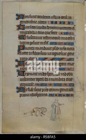 Bas-de-page scène d'un homme à la tête d'un lion apprivoisé par une corde. Psautier ('Le psautier de la Reine Mary"). Angleterre (Londres/Westminster ou East Anglia ?) ; entre 1310 et 1320. Source : Royal 2 B. VII, f.182v. Langue : Français de l'Amérique latine, avec les légendes des images. Banque D'Images