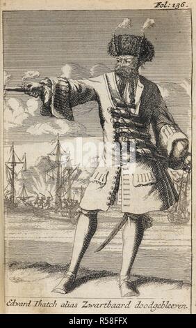 Edward Thatch aka Edward Teach ou Barbe Noire le pirate. Il a allumé les fusibles sous son chapeau d'améliorer son apparence redoutable. Une Histoire générale des Pirates ... Historia der Engelsche Zee-Roovers ... Amsterdam, 1725. Source : 9555.aaa.1, page 136. Auteur : Defoe, Daniel (Johnson, le capitaine Charles, pseud. ). Banque D'Images