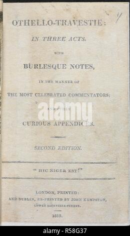 Page de titre de 'Othello-Travestie ..'. Othello-Travestie ... Deuxième édition. L'auteur était la préface signée : l'IBEF. Avec un frontispice.]. Dublin : John Kempston, 1813. Source : 2300.b.11.(1.), page de titre. Langue : Anglais. Banque D'Images