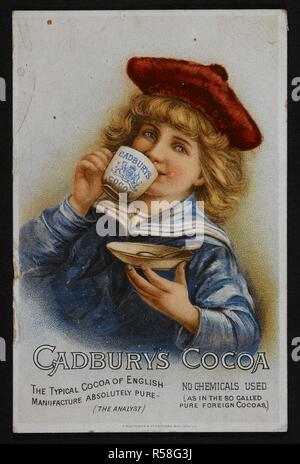 Une publicité pour Cadbury's cacao. "Le cacao typique de fabrication anglaise. Absolument purs'- (L'analyste). Une illustration montrant un enfant de boire une tasse de cacao . [Manchester] : H Blacklock & Co. les imprimantes, Manchester, 1885 ?. Source : Evan.4283. Langue : Anglais. Banque D'Images