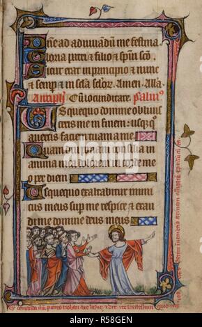 Bas-de-page scene du Christ avec les apôtres. Livre d'heures, l'utilisation de Sarum ('Le Taymouth heures'). L'Angleterre, S. E. ? (Londres ?) ; 2e trimestre du 14ème siècle. Source : Yates Thompson 13, f.113. Langue : le latin et le français. Banque D'Images