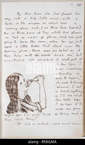 Alice boit pour grandir. Aventures d'Alice sous terre [in Wonderland]. [Angleterre] Oxford ; 1862-1864. Ensemble (folio) Dimensions et le texte du chapitre II : Alice facilite et des boissons à partir d'une bouteille sans étiquette pour voir si le contenu va lui faire grandir. Image réalisée à partir d'aventures d'Alice sous terre [in Wonderland]. Publié à l'origine/produit en Angleterre [Oxford] ; 1862-1864. . Source : ajouter. 46700, f.19. Auteur : Charles Lutwidge Dodgson,. Charles Lutwidge Dodgson,, pseud. Lewis Carroll. Banque D'Images