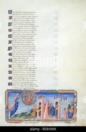 Paradiso, Canto VI. Dante et Béatrice montre miniature qui se balançaient devant Justinien dans le ciel de mercure. Justinien Dante donne un compte de l'histoire de l'Empire romain. Enée porte la norme impériale par les portes de Rome ; Constantine porte les mêmes normes par les portes de Byzance, Justinien s'agenouille devant le Pape Agapetus. Divine Comédie. [Italie] Toscane ; années 1450. Source : Yates Thompson 36, f.139. Langue : Italien. Auteur : DANTE ALIGHIERI. GIOVANNI DI PAOLO. Banque D'Images