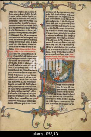 Miniature de la création du monde, 'L' initiale décorée(I), et trois faces frontière, dans le Livre de Brunetto Latini du trà©ros. Li Livres dou Tresor. France, N. (Picardie) ; c. 1315-1325. Source : Yates Thompson 19, f.5. Langue : Français. Banque D'Images