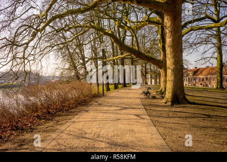 Belgique, Bruges, banc vide face à un canal Banque D'Images