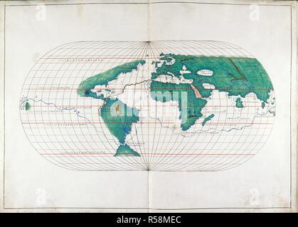 Carte du monde. Portolan Atlas. Italie Venise [1536] ;. [Carte] Carte du monde montrant la route de circumnavigation de Magellan et de la route de Polosi à Séville [1519-1522] Portolan Image réalisée à partir d'Atlas. Publié à l'origine/produit en Italie [Venise] ; 1536. . Source : ajouter. 19927, ff.12V-13. Langue : le latin. Banque D'Images