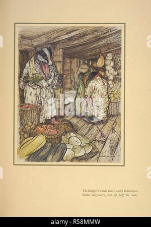 "L'hiver du blaireau, les magasins qui avaient même visible partout, a pris la moitié de la salle.' . Le vent dans les saules ... Avec une introduction par A. A. Milne & illustrations par Arthur Rackham. New York : Editions Limitées Club, 1940. Source : C.105.f.3 page 72 en face de la plaque. Auteur : RACKHAM, Arthur. GRAHAME, Kenneth. Banque D'Images