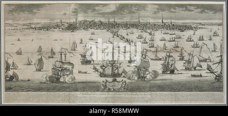 Boston vu de l'île, avec des navires britanniques et les bateaux naviguant dans l'avant-plan ; quais, un port, des chantiers navals, églises, maisons d'éminents citoyens, salles de maisons, églises et chapelles le long du front de mer en arrière-plan. Une vue du sud-est de vous une grande ville de Boston en Nouvelle Angleterre en Amérique latine : à l'Hon.ble Sam.l Shute Esq.r Cap.t général & Gov.r en chef de sa Maj.ti's Provinces de la Massachusetts Bay & New Hampshire en Nouvelle-Angleterre et Vice-amiral de la même, cette perspective de la ville de Boston est dédié humblement par yo.r rs Hon.plus Obed.t Hum. Serv.ts Tho.s Selby Wil Banque D'Images