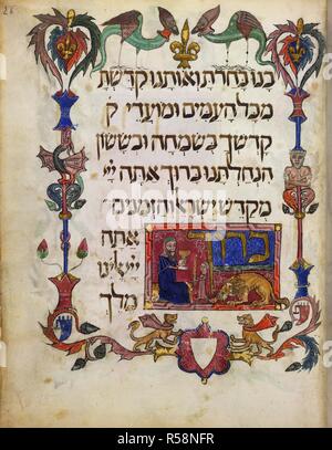 Cérémonie de Havdalah. La Haggadah de Barcelone. La Catalogne, 14e siècle. Détail d'un folio montrant la cérémonie de Havdalah. Le vélin manuscrit. Image prise à partir de la Haggadah de Barcelone. Publié à l'origine/produit en Catalogne, 14e siècle. . Source : ajouter. 14761, f.26. Langue : Hébreu. Banque D'Images