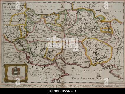 La carte de l'empire de Sophie de Perse. Un mapp de l'Empire de la Sophie de Perse, . . . / Conçu par Moncr. [ !] Sanson . . .  ; Rendred [ !] en Anglais par Richard Blome . . . Un[nn]o : 1669. Londres : R. Blome, 1670. Source : C.39.d.2 pages 36-37. Banque D'Images