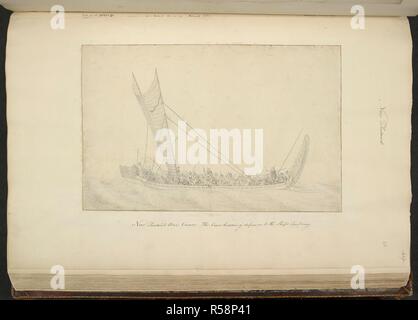 [Ensemble] dessin un canoë double sous voiles ; l'équipage de défi d'offres à l'entreprise de navires. Certains sont d'effectuer le Haka ou danse de guerre. Un chef se trouve dans l'arrière brandissant un 'mere', une arme de guerre maoris ; un autre au milieu du bateau est titulaire d'un 'taiaha', une longue poignée personnel ou club. La confrontation a été décrit dans Joseph Banks' journal le 2 novembre 1769. Une collection de dessins faits dans les pays visités par le capitaine Cook dans son premier voyage, 1768-1771. La Nouvelle-Zélande ; 1769. Source : ajouter. 23920, f.48. Langue : Anglais. Auteur : SPÖ (anneau, Herman Diedrich. Banque D'Images
