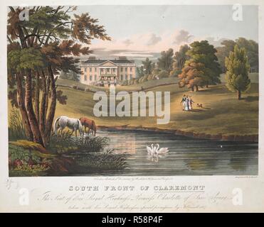 Les chevaux boire d'une étendue d'eau, cygnes au centre ; les chiffres sur une colline herbeuse ; des arbres de chaque côté ; Claremont Hall dans la distance. L'AVANT DE CLAREMONT : Le siège de Son Altesse Royale la Princesse Charlotte de Saxe Cobourg prises avec Son Altesse Royale la permission spéciale par J. Hassell 1817. Londres : Publié par 311817 Decr et Hudson 85 Burkitt Cheapside., [31 décembre 1817]. L'aquatinte et la gravure avec la main-coloration. Source : Maps K.Haut.40.19.g. Langue : Anglais. Auteur : Havell, D. Banque D'Images