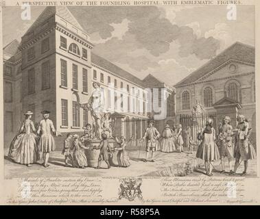 Une vue de l'enfant trouvé, l'hôpital, avec des figures emblématiques. Une vue en perspective de l'enfant trouvé, l'hôpital, avec des figures emblématiques. Margrett Granville, 1749. Source : Maps K.Haut.25.23.ch. Langue : Anglais. Auteur : WALE, SAMUEL. Banque D'Images