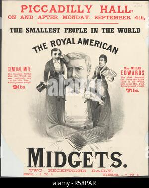 Hall Piccadilly. Une collection de brochures, tracts, et miscella. Londres, 1800 - 1895. Une affiche pour une exposition au Piccadilly Hall, appelé 'la plus petite au monde'. Général acarien et Mlle Millie Edwards, le 'Royal American Midgets". Image réalisée à partir d'une collection de brochures, prospectus et autres imprimés relatifs aux infirmières de l'entertainment et de la vie quotidienne. Publié à l'origine/produit à Londres, 1800 - 1895. . Source : EVAN.2708,. Banque D'Images