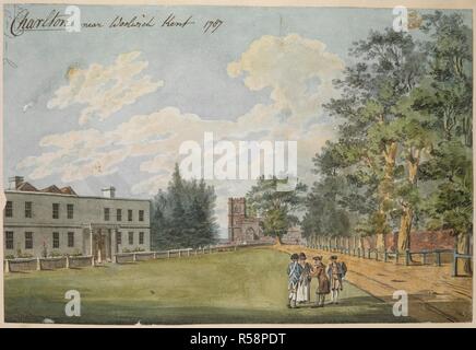 Charlton Green au centre de la scène, une grande maison à gauche ; l'église dans la distance ; les chiffres parler en premier plan ; une route et des arbres à droite. Charlton près de Woolwich Kent. 1787. Plume et encre noire avec l'aquarelle. Source : Maps K.Haut.18.11.1.b. Langue : Anglais. Banque D'Images