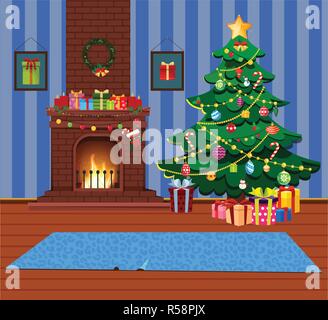 Cartoon accueil intérieure confort douillet de l'intérieur chambre décorée avec un feu brûlant place et le sapin arbre de Noël avec beaucoup de dons et cadeaux. Noël vecteur ou Illustration de Vecteur