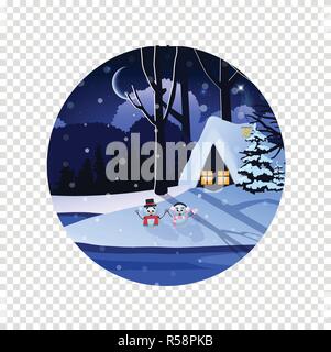 Noël, jour de l'année signe de neige hiver paysage de nuit avec peu de chambre et mignon snowmen isolé sur fond transparent. Vector illustrat Illustration de Vecteur