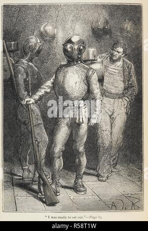 "J'étais prêt à définir". Le professeur Pierre Aronnax dans une combinaison de plongée, à bord du Nautilus, 'Submarine'. Vingt mille lieues sous les mers. Traduit de l'anglais avec des illustrations. Troisième édition. Londres : Sampson Low & Co., 1873. Source : 12516.g.21 en face de la page 85. Langue : Anglais. Auteur : VERNE, Jules. Banque D'Images