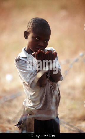 Zaïre 1994 - un petit réfugié rwandais implore pour avoir de la nourriture à partir de personnel des Nations Unies au camp de réfugiés de Kibumba. Il est l'un des 1,2 millions de réfugiés rwandais ont fui au Zaïre après une guerre civile a éclaté dans leur pays. Banque D'Images