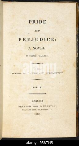 Page de titre de la première édition de 'Orgueil et préjugés' le roman écrit par Jane Austen. . Orgueil et préjugés : Un roman ... Londres : T. Egerton, 1813. Source : C.131.c.1. Page de titre. Langue : Anglais. Banque D'Images