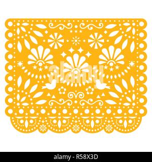 Papel Picado vector floral design avec des oiseaux, des décorations en papier mexicain modèle jaune, traditionnelle fiesta banner Illustration de Vecteur