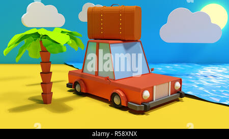 Rendu 3D Illustration. Travel concept, cartoon voiture avec valise sur le saside. Banque D'Images