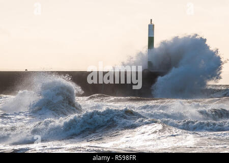 Aberystwyth, Pays de Galles, Royaume-Uni. 30Th Nov, 2018. Météo France : Au lendemain de la tempête Diana, coups de vent fort continuer hammer énormes vagues contre les défenses de la mer à Aberystwyth, sur la côte ouest de la Baie de Cardigan au Pays de Galles. Crédit photo : Keith morris/Alamy Live News Banque D'Images