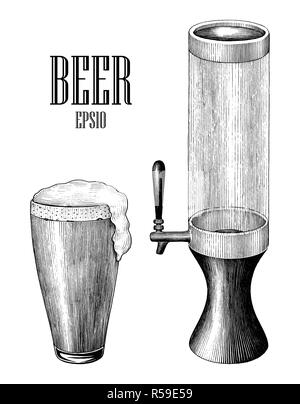 Beer mug et la bière à la main vintage tour tirer leur gravure isolé sur fond blanc Illustration de Vecteur