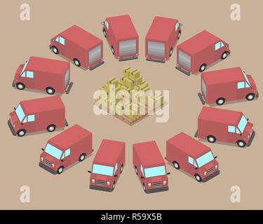 Douze voitures identiques sont stationnés autour de la boîte. Camions de livraison en attente d'être chargée. Illustration de Vecteur