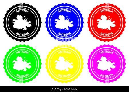 Antigua - timbres en caoutchouc - vector, Antigua-et-Barbuda island carte - sticker - noir, bleu, vert, jaune, violet et rouge Illustration de Vecteur