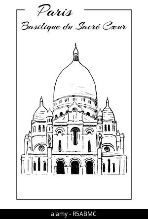 Basilique du Sacré-Cœur à Montmartre, Paris. Illustration de l'attirer, style croquis Banque D'Images