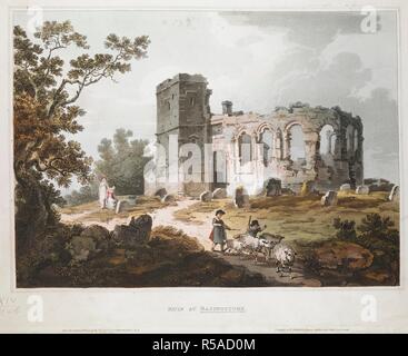 Une chapelle en ruine au milieu distance avec fenêtres, sa nef à droite, un tour à gauche, derrière un cimetière où deux femmes reste sur la gauche ; deux enfants à l'avant-plan La poursuite de quatre moutons . Ruine à Basingstoke. [Paris] : Publié par R. BOWYER Historie Galerie, Pall Mall, Jany 1 1808. L'aquatinte et la gravure avec la main-coloration. Source : Maps K.Haut.14.21.b. Langue : Anglais. Auteur : Philippe-Jacques de Loutherbourg. Banque D'Images