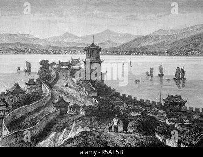 Yangtze River avec pagode et temple, gravure sur bois, 1885, près de l'Wu-Tschang-fu, Chine Banque D'Images