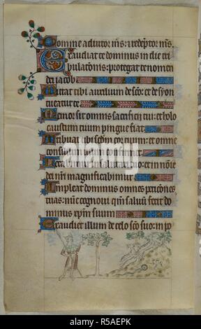 Bas-de-page théâtre de deux bouquetins (ou des chèvres sauvages) l'ascension d'une montagne pour échapper à un chasseur. Psautier ('Le psautier de la Reine Mary"). Angleterre (Londres/Westminster ou East Anglia ?) ; entre 1310 et 1320. Source : Royal 2 B. VII, f.104v. Langue : Français de l'Amérique latine, avec les légendes des images. Banque D'Images