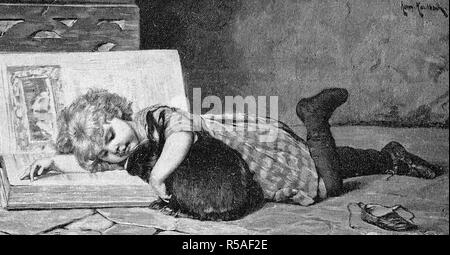 Jeune fille est en train d'enseigner sa lecture, lièvre, 1870 Gravure sur bois, Allemagne Banque D'Images