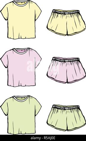 Ensemble de pyjama de dessin. Vêtements Mode femmes. short et t-shirt. Vêtements vecteur illustration isolé. Illustration de Vecteur
