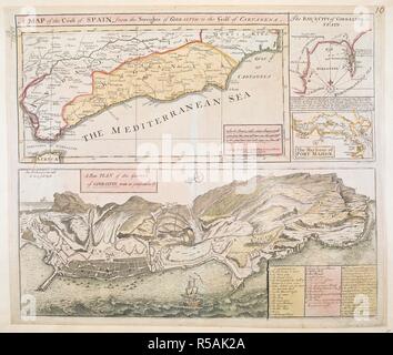 Une carte de la côte de l'Espagne, et deux cartouches par sondage : 'La Baie et la ville de Gibraltar en Espagne' et 'Le port de Port Mahon' . Une carte de la côte de l'Espagne, de l'Streights de Gibraltar ; pour le Golfe de Carthagène. Londres : vendu par par H : Overton au cheval blanc sans Newgate., [1726-1727]. Source : Maps K.Haut.72,30. Langue : Anglais. Auteur : Parker, S. Banque D'Images